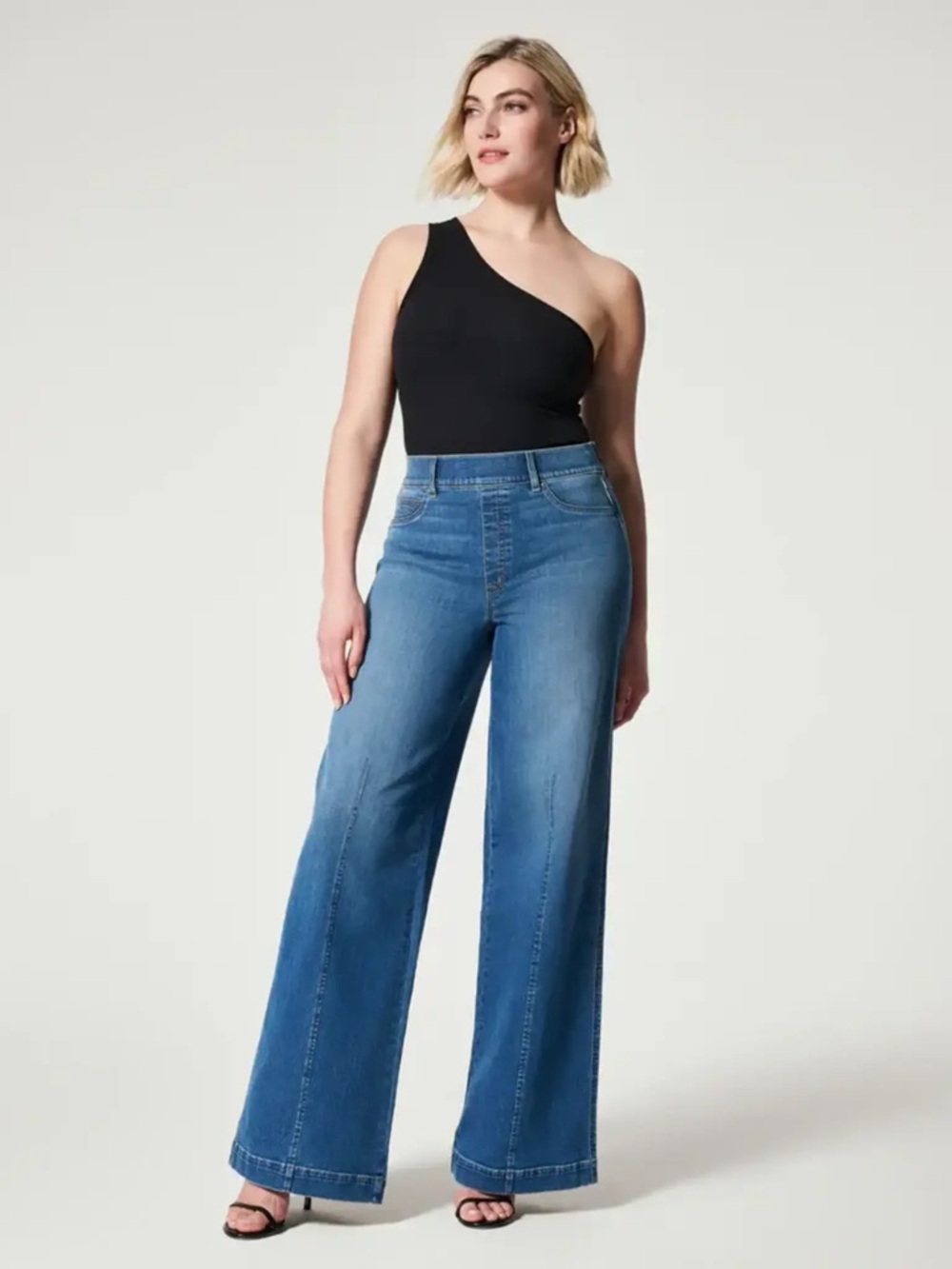 Spanx Front Seam‎ High-Rise Wide Leg Women’s Pull on Jeans Blue Indigo Large 70s